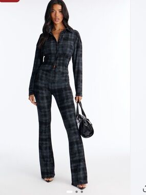Fashion Nova Black Plaid Flare Pant Set